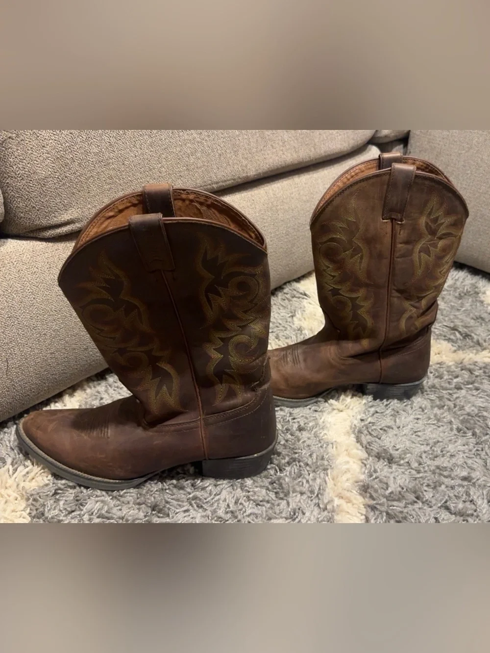 Justin Boots Brown Leather Cowboy Boots with Yellow Logo Print